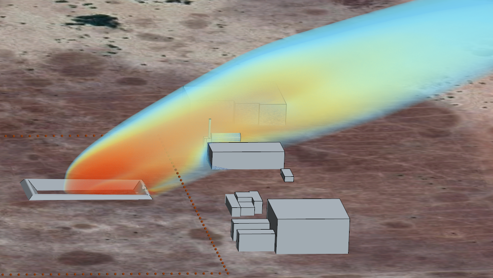 A high temperature plume from a ground flare in an arid location. The plume is carried downwind where it passes close to several buildings.