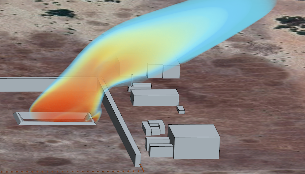 Another image of a hot plume from the ground flare, with the addition of a solid barrier. The plume travels over the barrier and away from ground level.